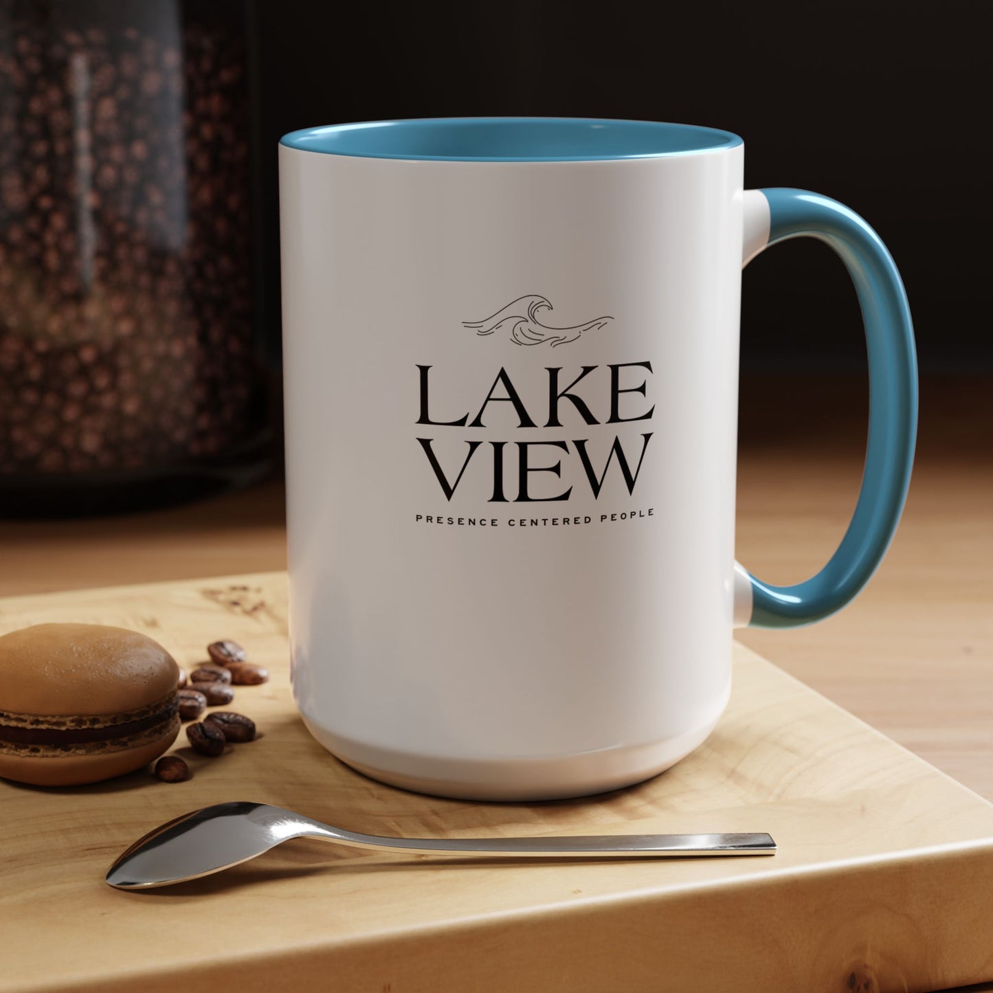 Lakeview Coffee Mug, Personalized Gift, Black Accent Mug, Home Decor, Coffee Lover Gift, Inspirational Kitchenware