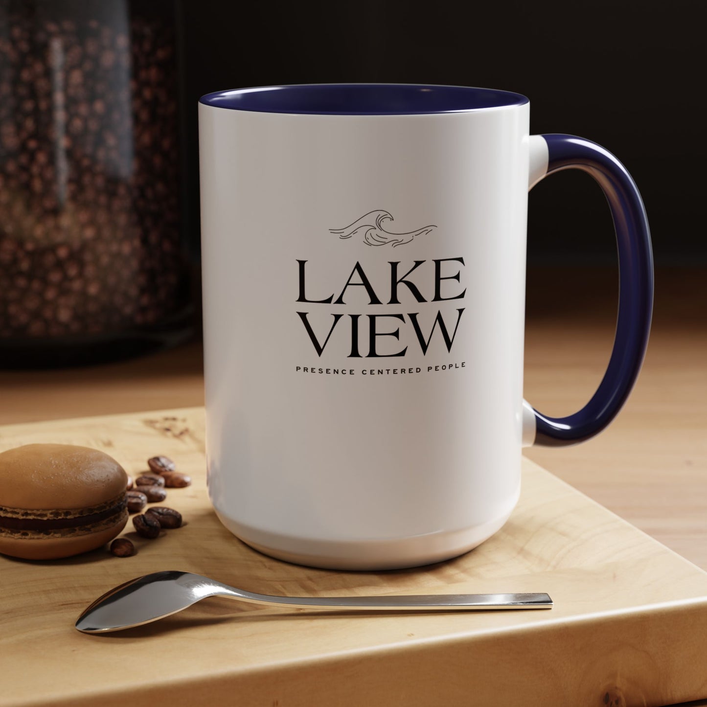 Lakeview Coffee Mug, Personalized Gift, Black Accent Mug, Home Decor, Coffee Lover Gift, Inspirational Kitchenware