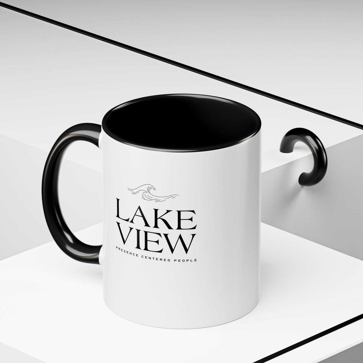 Lakeview Coffee Mug, Personalized Gift, Black Accent Mug, Home Decor, Coffee Lover Gift, Inspirational Kitchenware