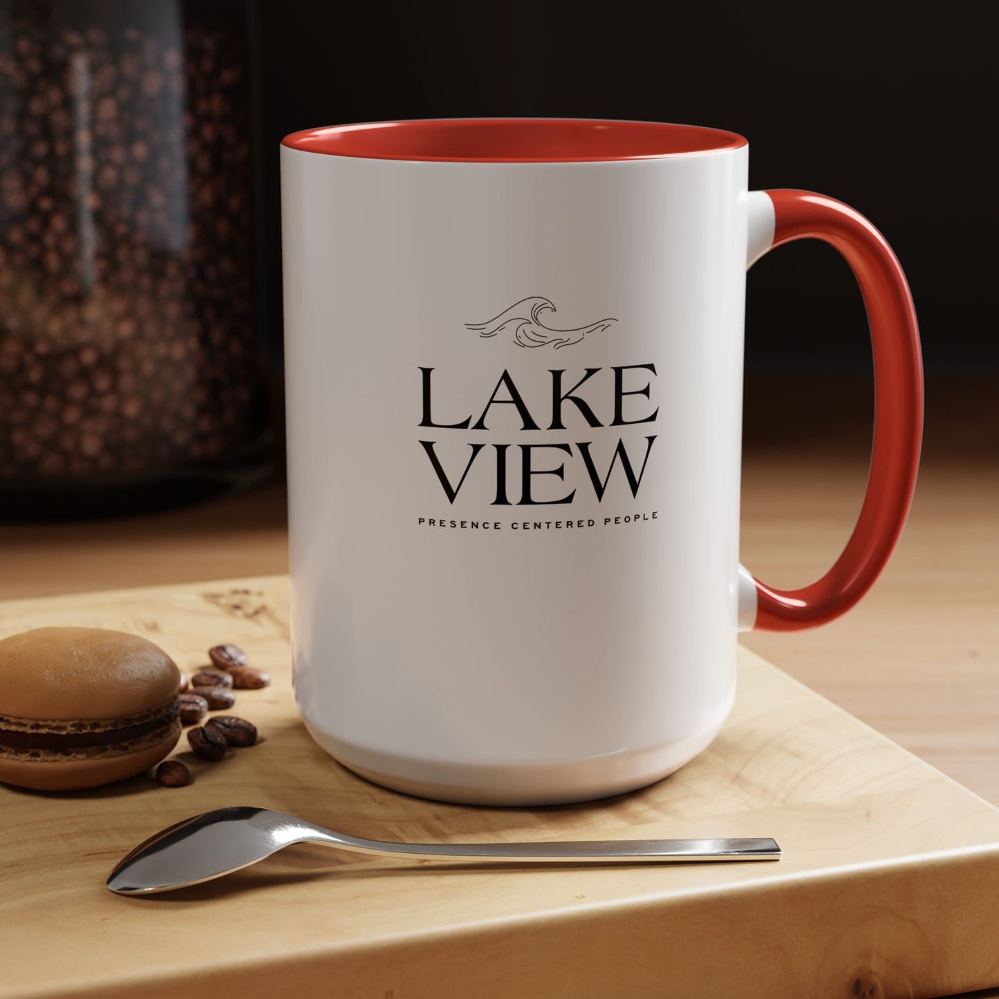 Lakeview Coffee Mug, Personalized Gift, Black Accent Mug, Home Decor, Coffee Lover Gift, Inspirational Kitchenware