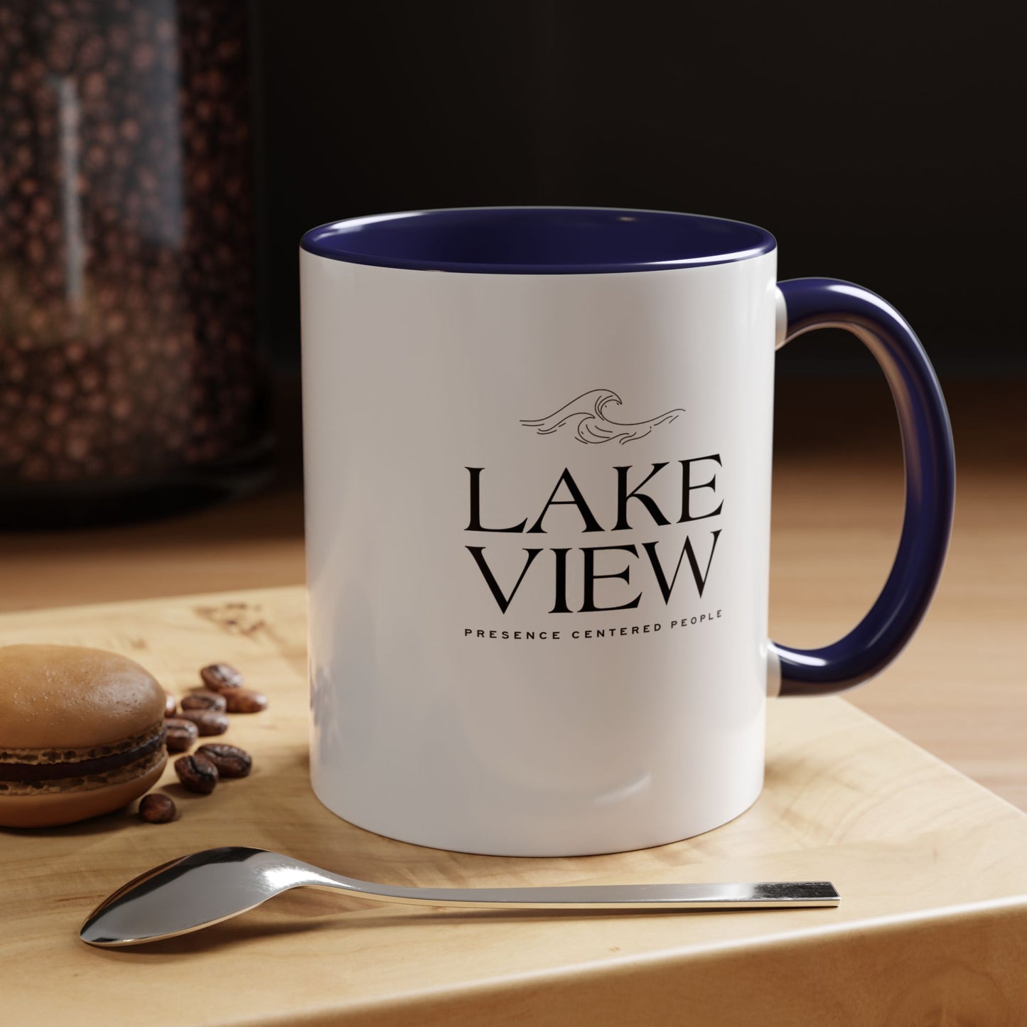 Lakeview Coffee Mug, Personalized Gift, Black Accent Mug, Home Decor, Coffee Lover Gift, Inspirational Kitchenware