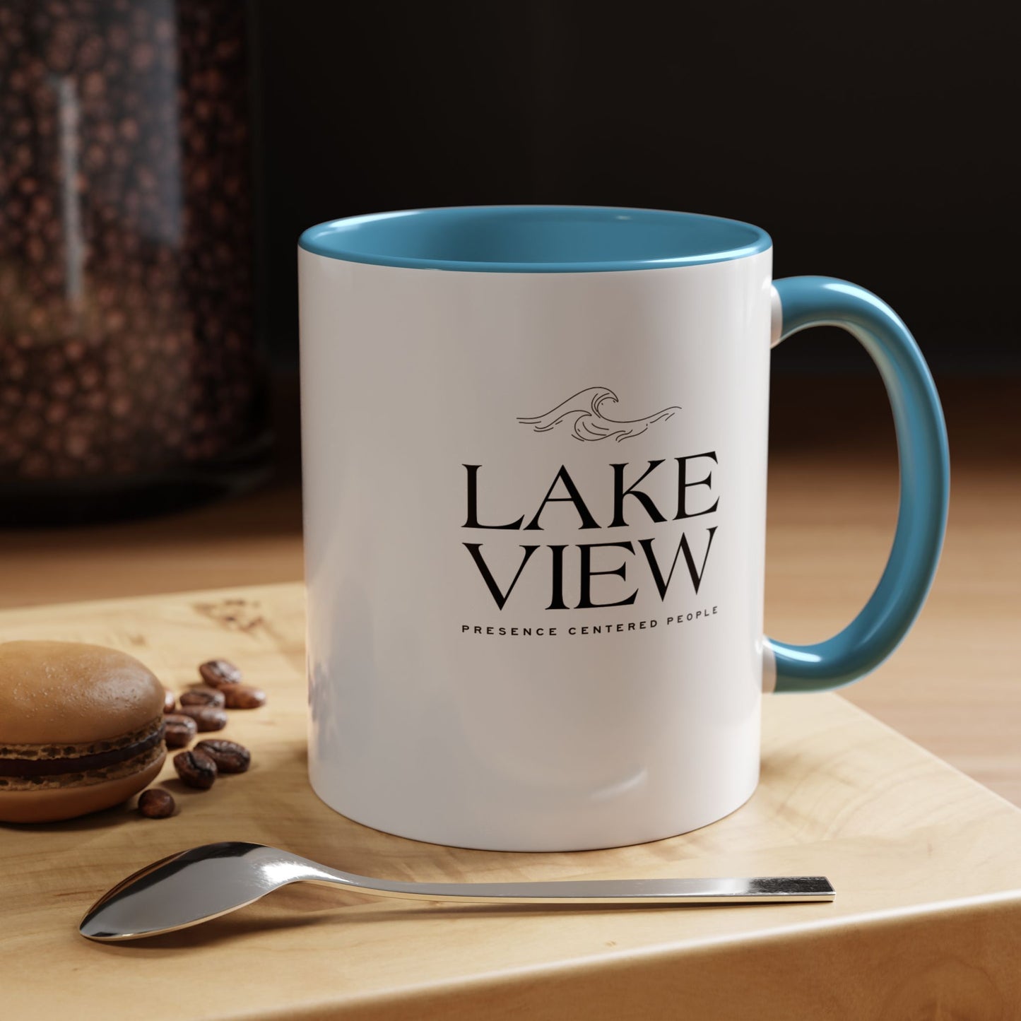 Lakeview Coffee Mug, Personalized Gift, Black Accent Mug, Home Decor, Coffee Lover Gift, Inspirational Kitchenware