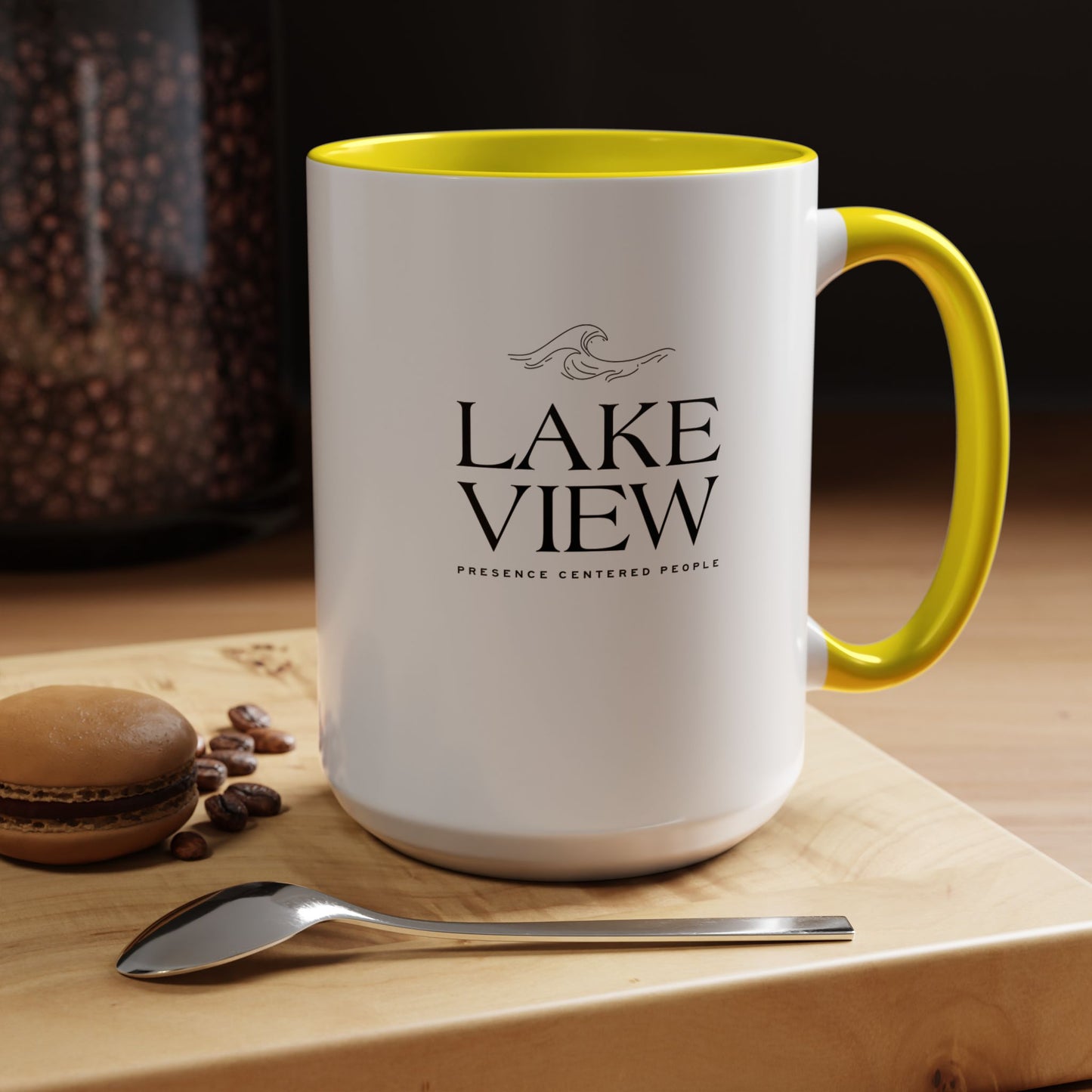 Lakeview Coffee Mug, Personalized Gift, Black Accent Mug, Home Decor, Coffee Lover Gift, Inspirational Kitchenware