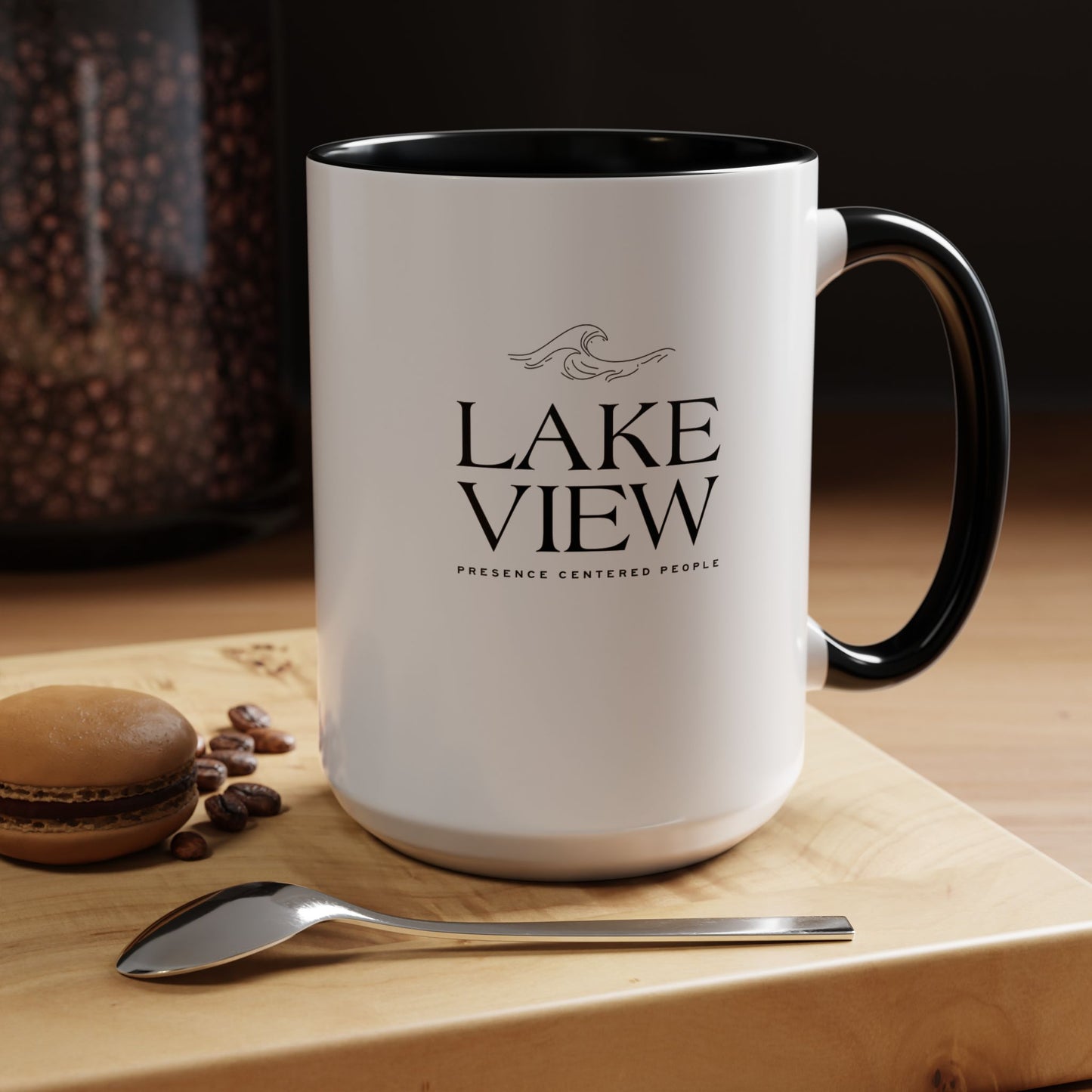Lakeview Coffee Mug, Personalized Gift, Black Accent Mug, Home Decor, Coffee Lover Gift, Inspirational Kitchenware