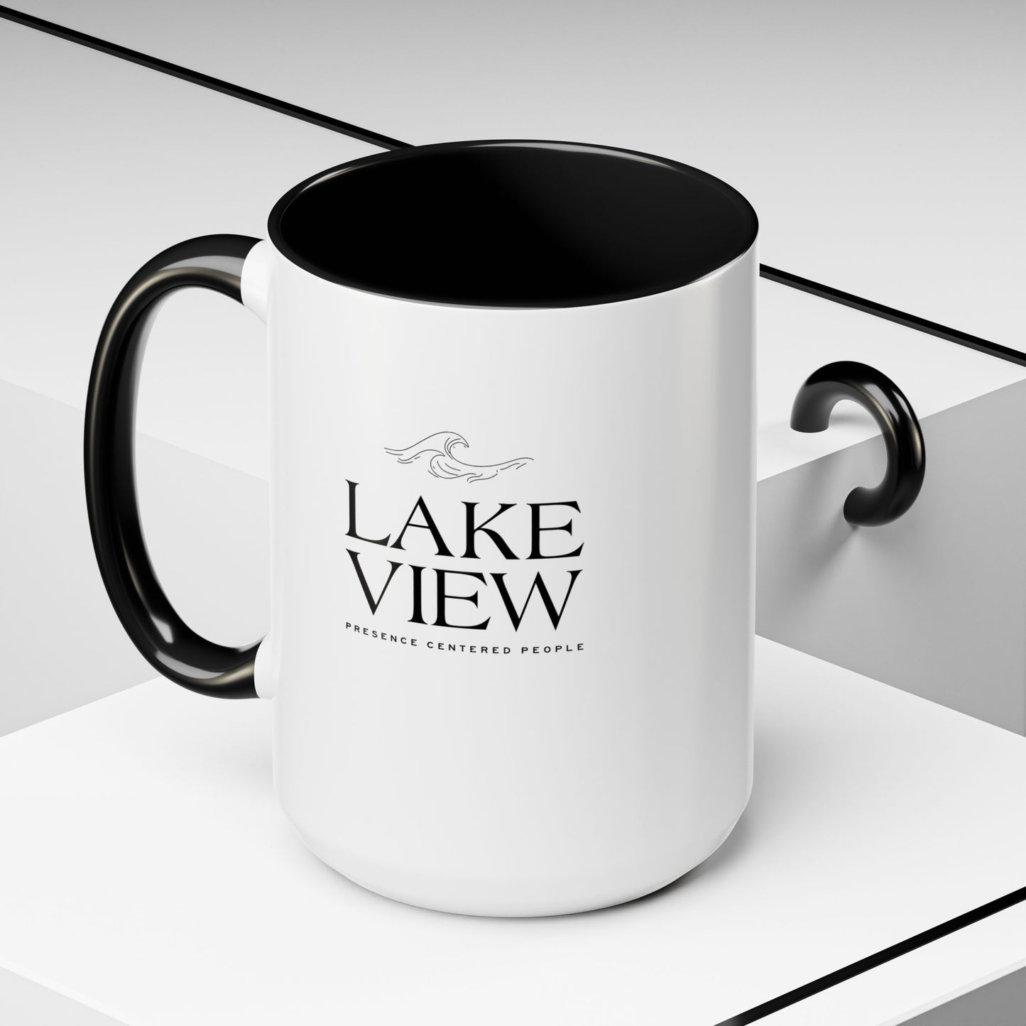 Lakeview Coffee Mug, Personalized Gift, Black Accent Mug, Home Decor, Coffee Lover Gift, Inspirational Kitchenware